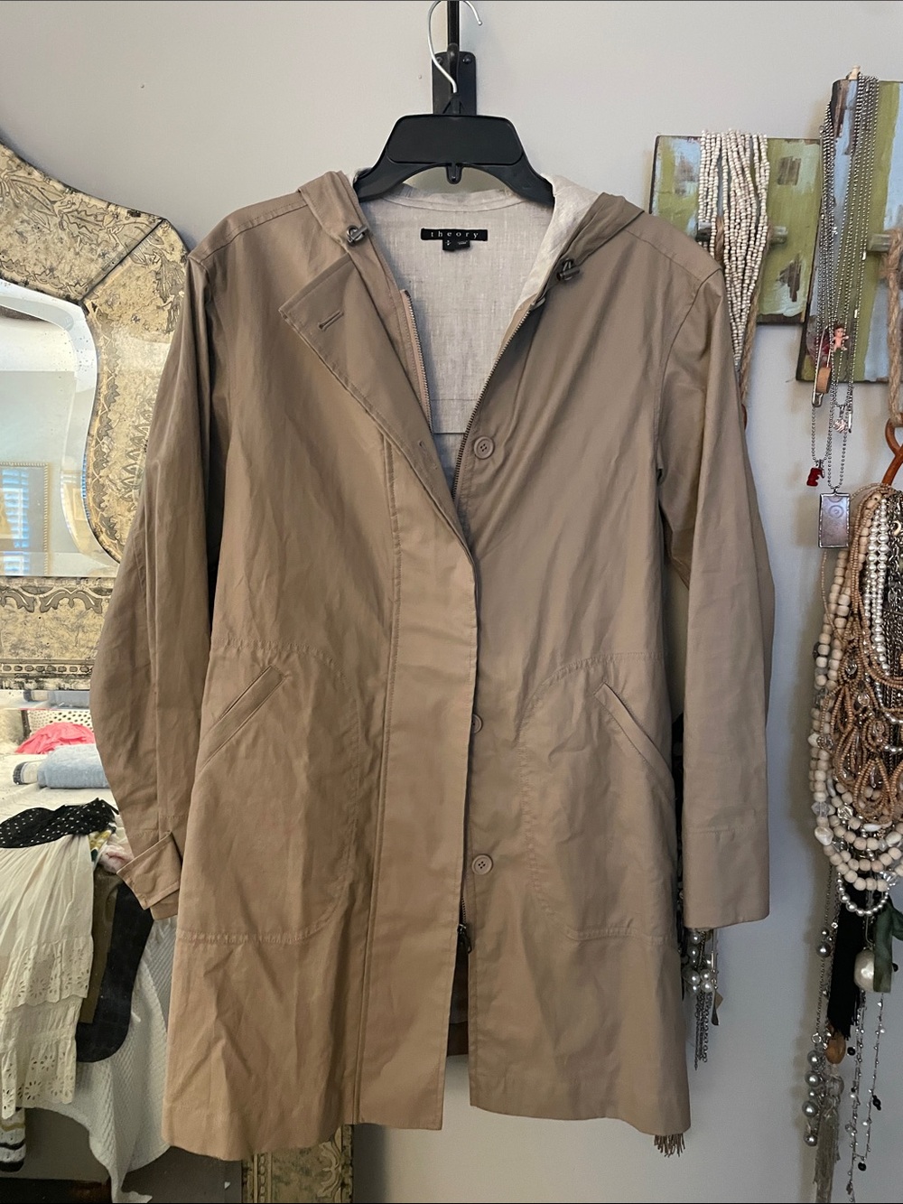 Theory Hooded Trench Coat in Taupe